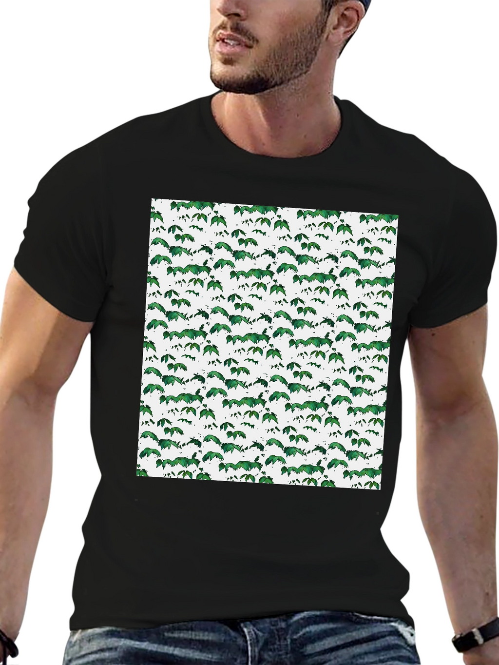 Green Leaf Pattern Black T-Shirt
