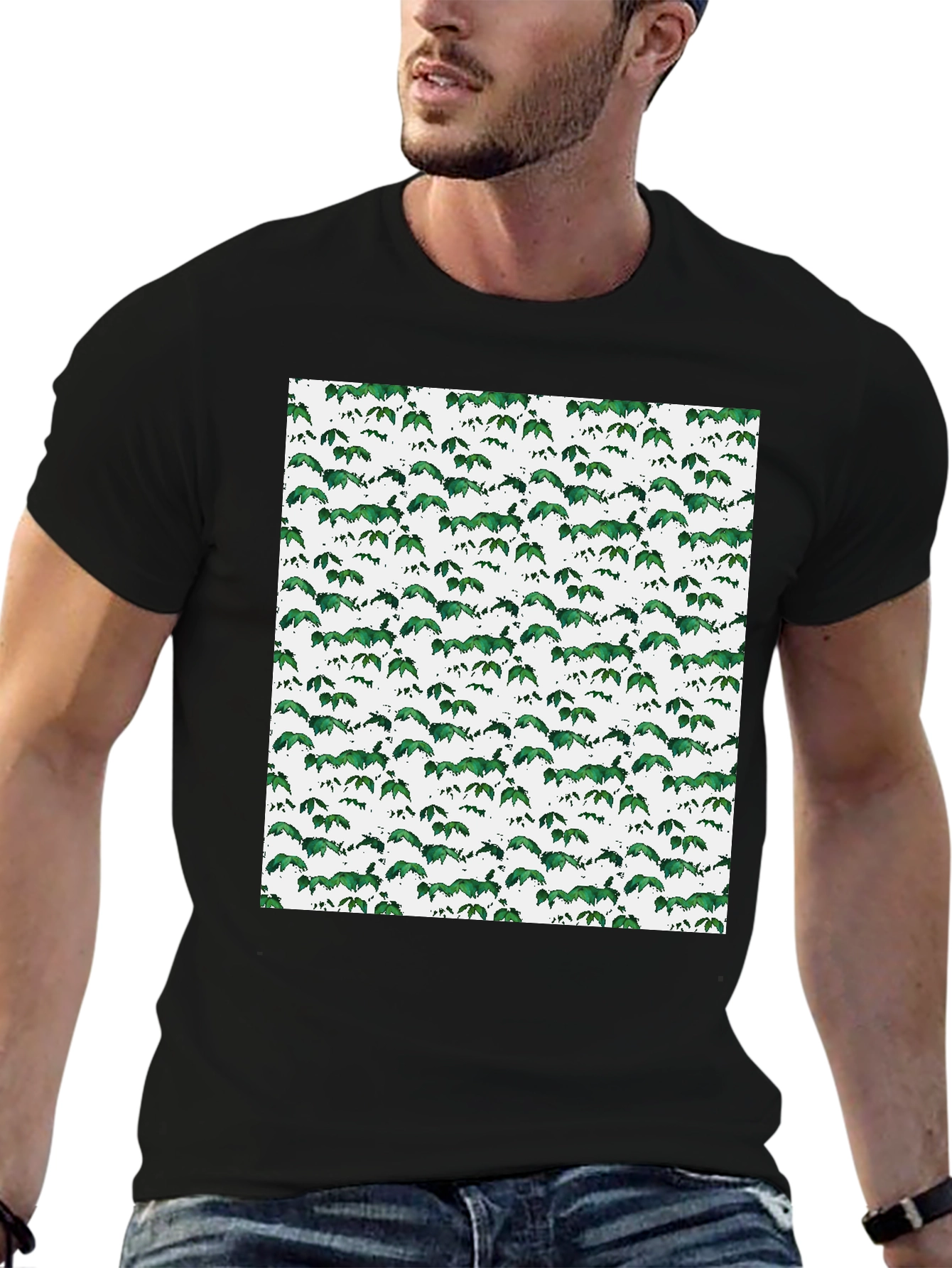 Green Leaf Pattern Black T-Shirt