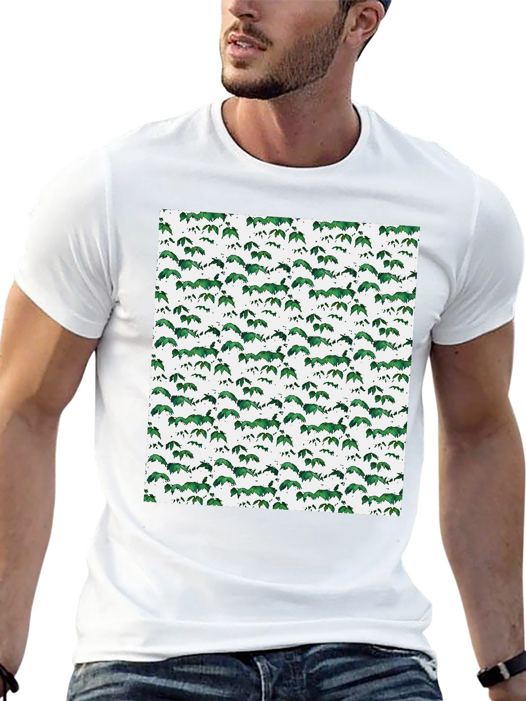 Green Leaf Pattern Black T-Shirt