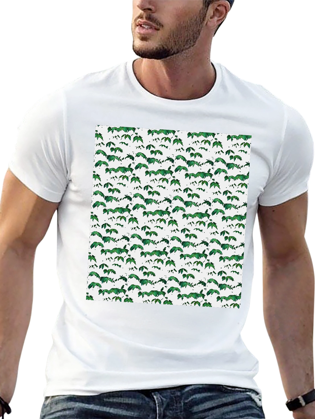 Green Leaf Pattern Black T-Shirt