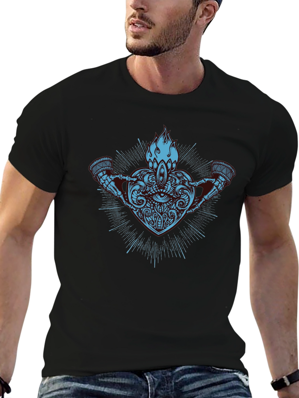 Abstract Heart & Flame Graphic Black T-Shirt