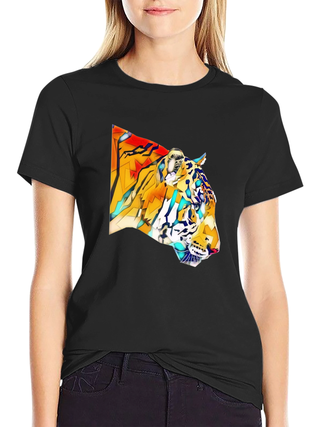 Geometric Tiger Graphic Black T-Shirt