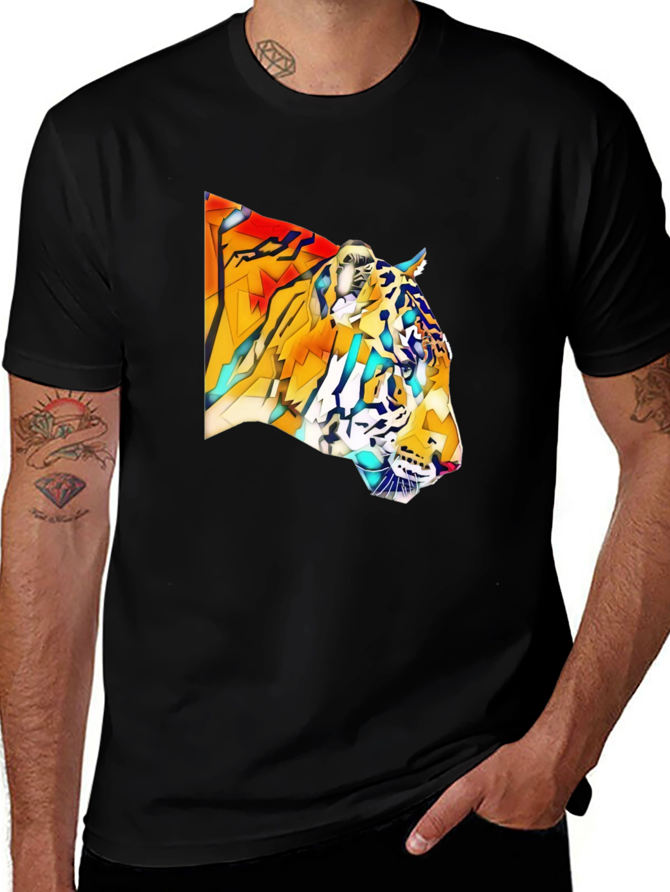 Geometric Tiger Graphic Black T-Shirt