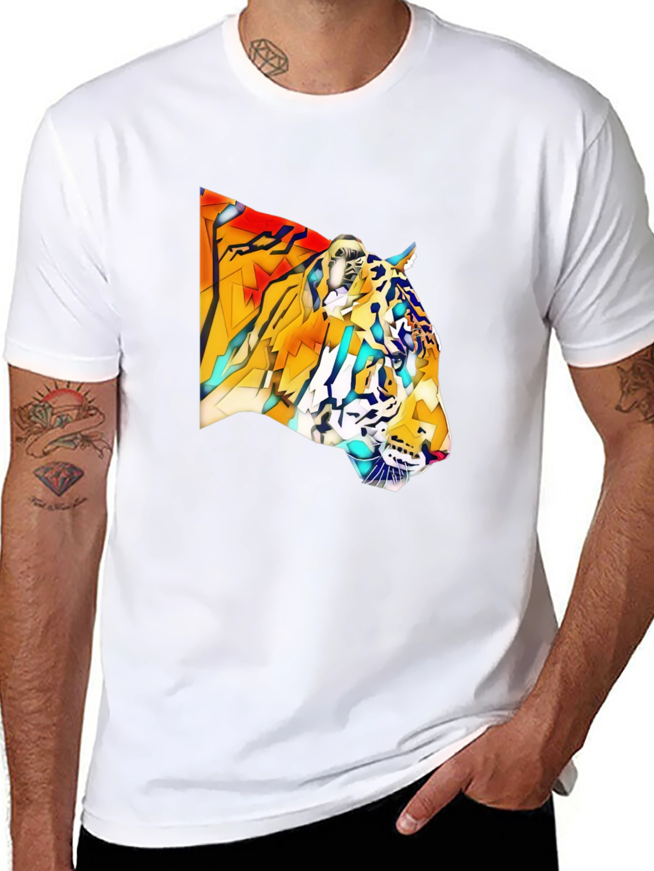 Geometric Tiger Graphic Black T-Shirt