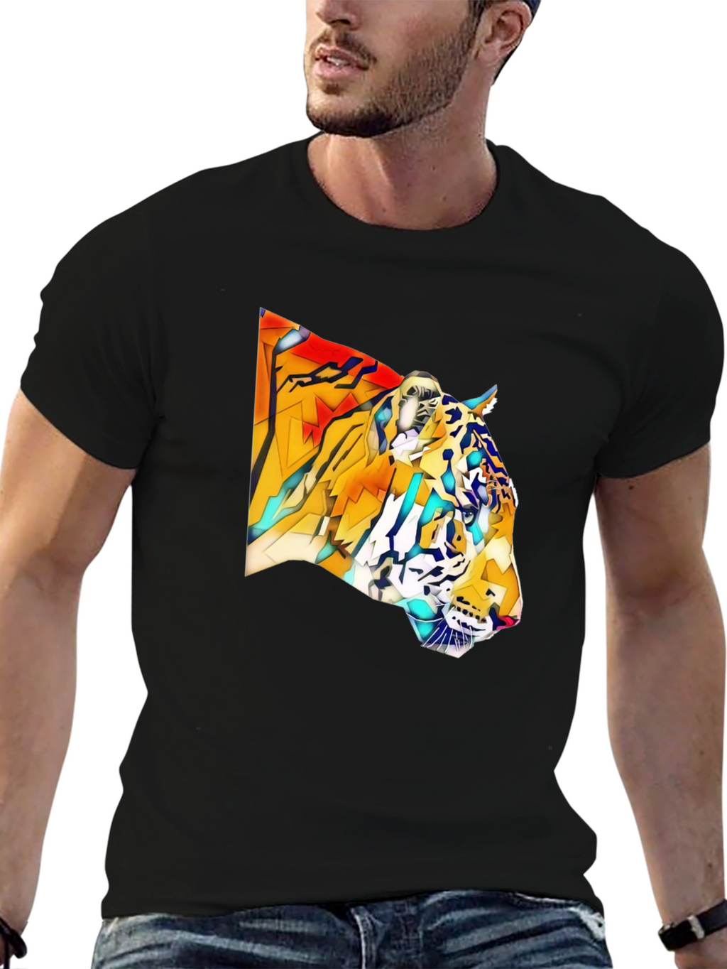 Geometric Tiger Graphic Black T-Shirt