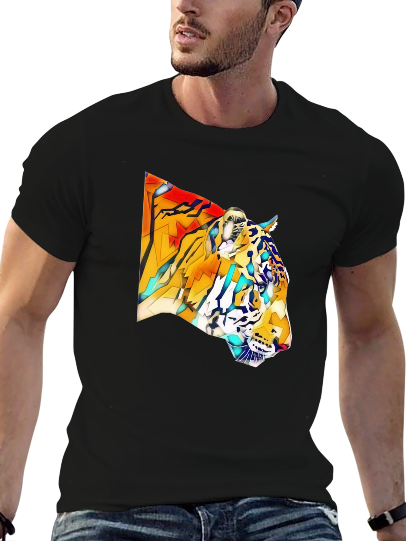 Geometric Tiger Graphic Black T-Shirt