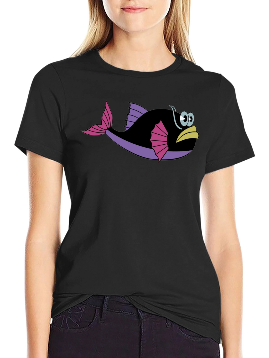 Funny Fish Graphic Tee - Black Cotton T-Shirt