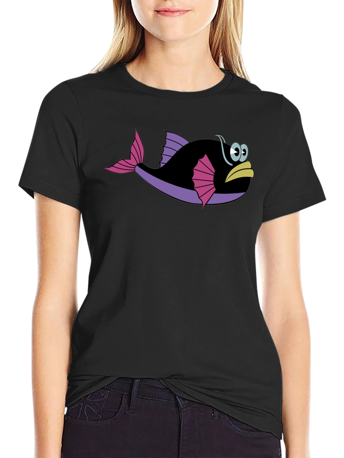 Funny Fish Graphic Tee - Black Cotton T-Shirt