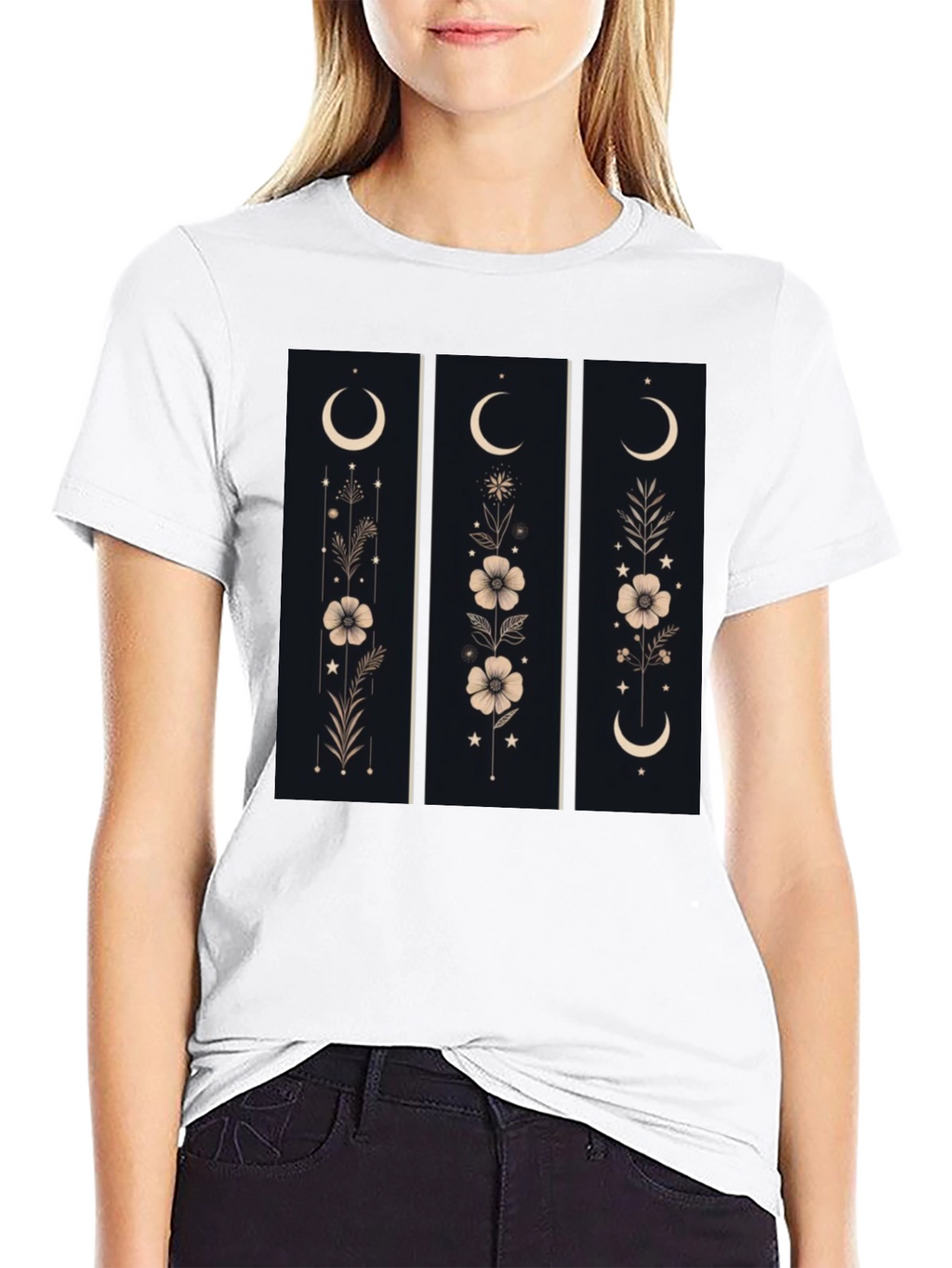Floral Moon Phase Graphic Black T-Shirt