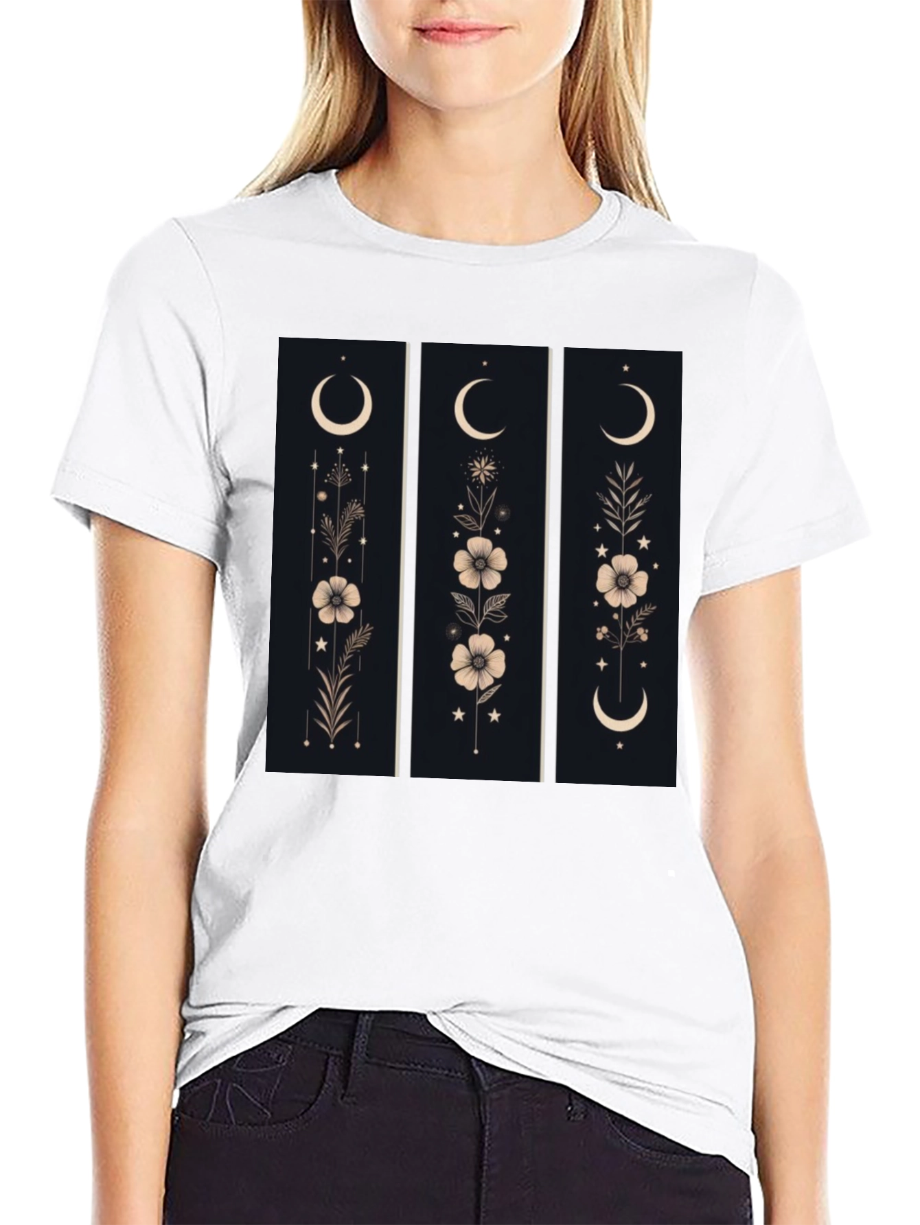 Floral Moon Phase Graphic Black T-Shirt