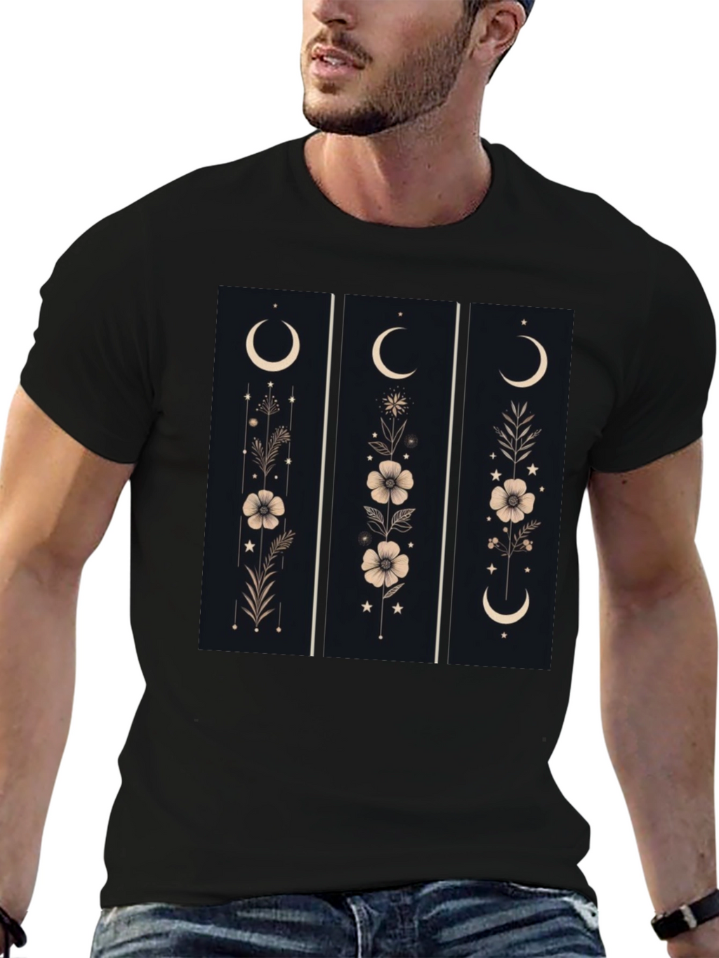 Floral Moon Phase Graphic Black T-Shirt