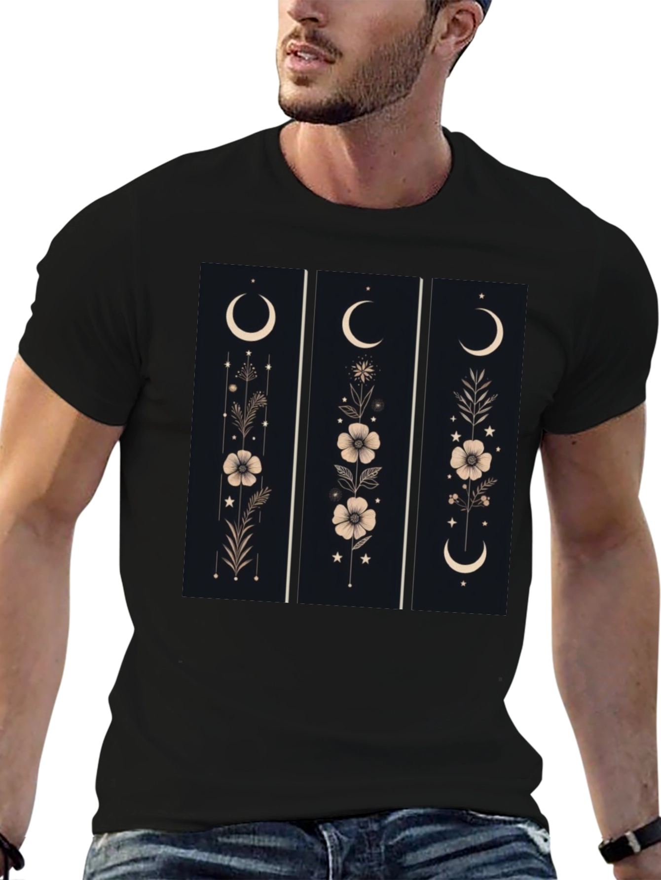 Floral Moon Phase Graphic Black T-Shirt