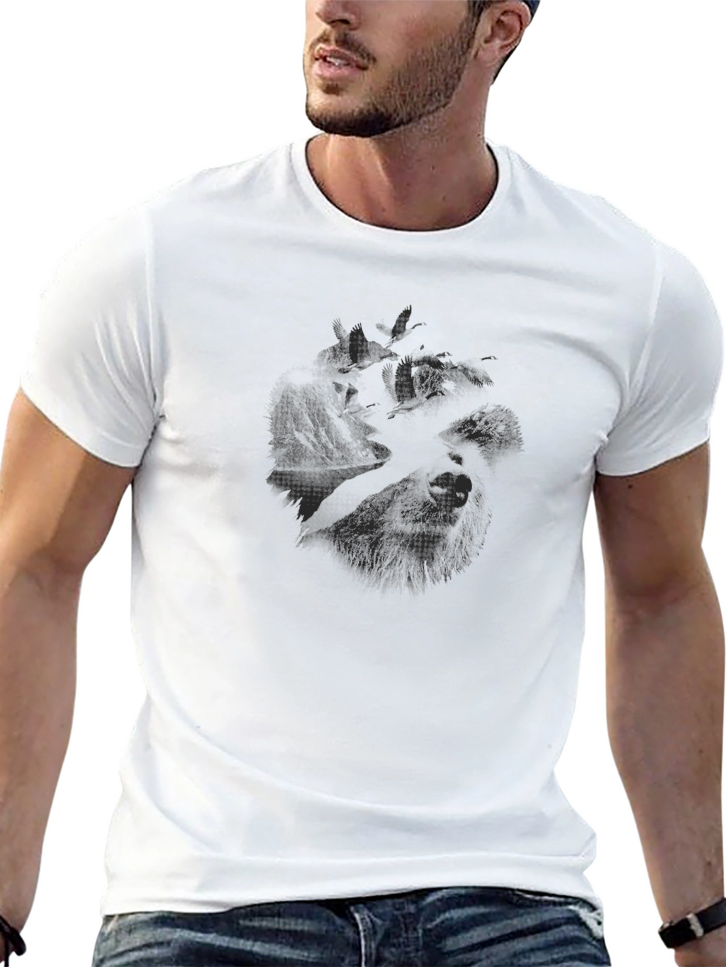 Mens Black Graphic T-Shirt - Wolf Design