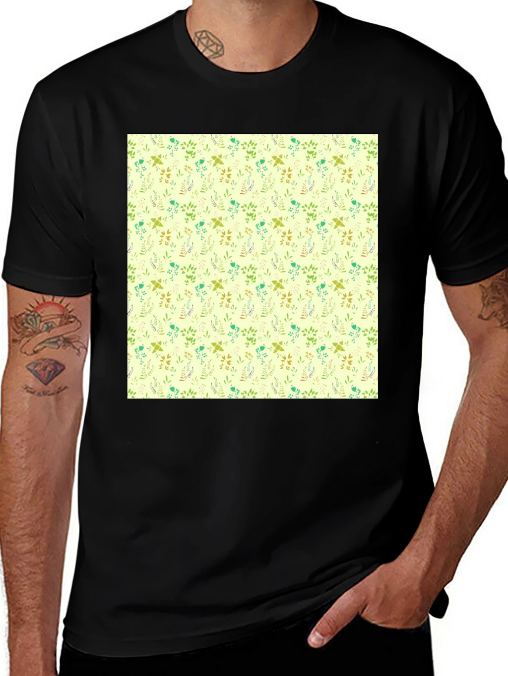 Floral Pattern Black Crew Neck T-Shirt