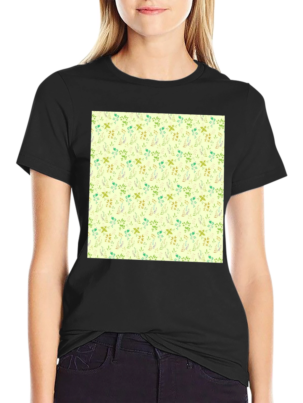 Floral Pattern Black Crew Neck T-Shirt