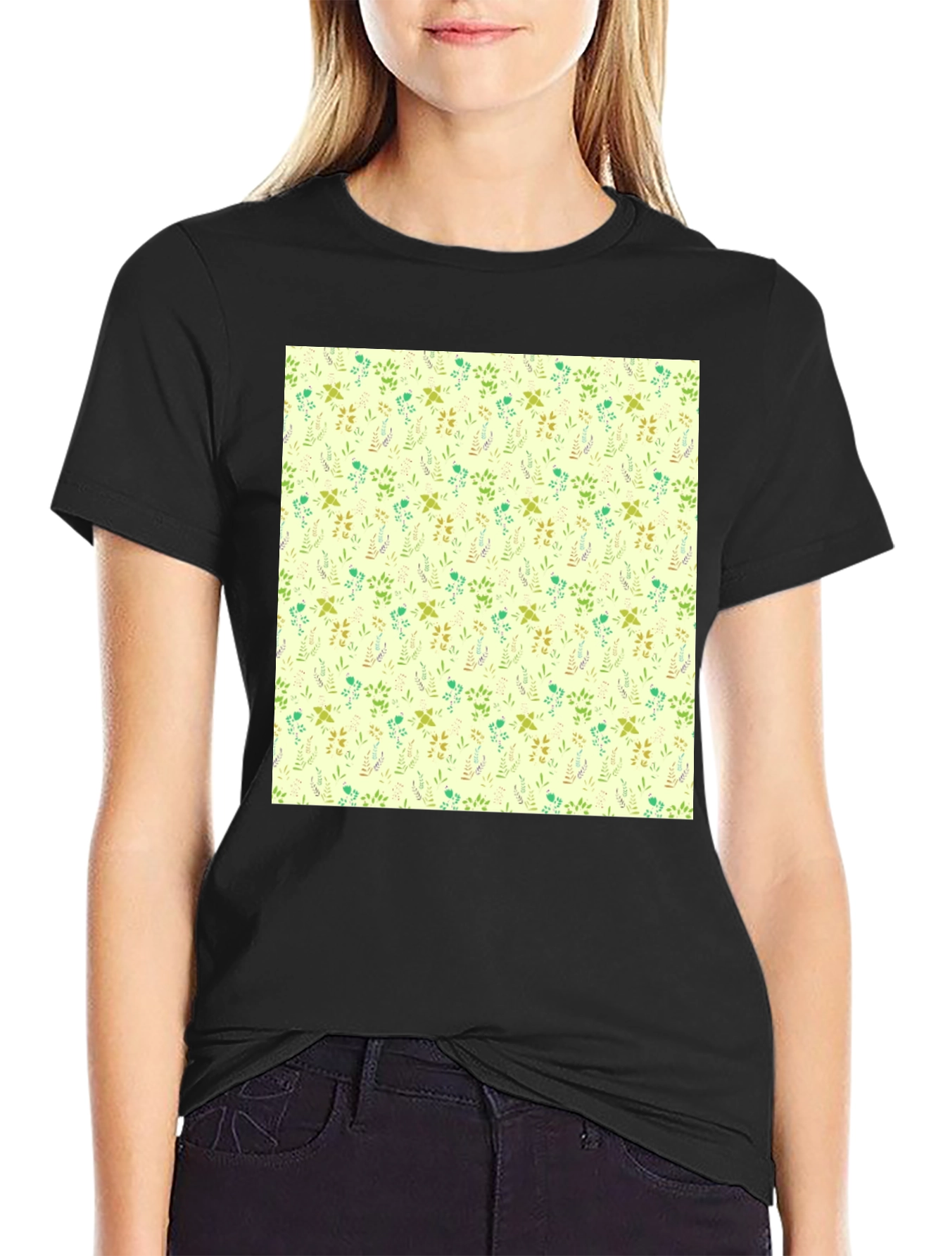 Floral Pattern Black Crew Neck T-Shirt