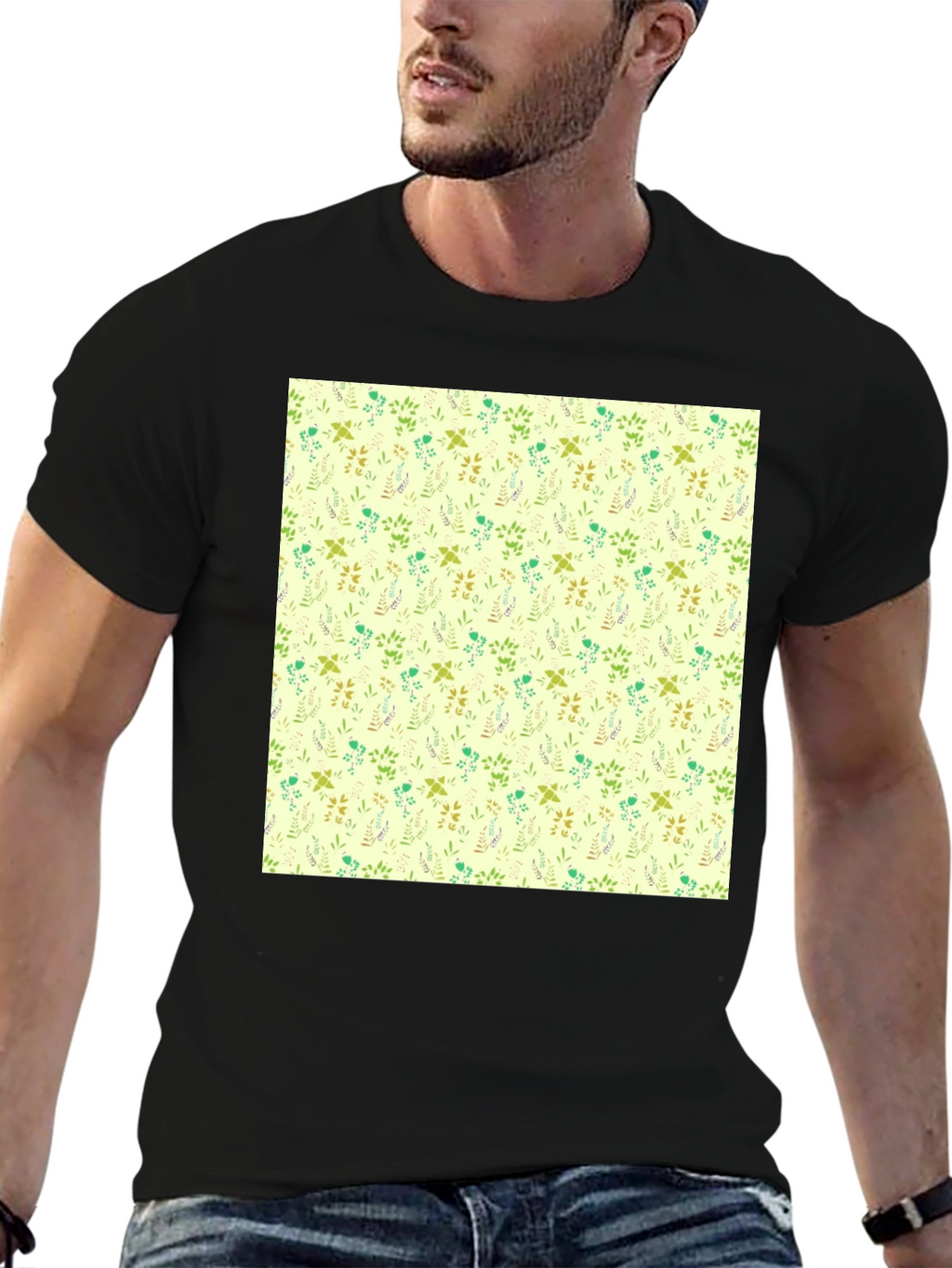 Floral Pattern Black Crew Neck T-Shirt