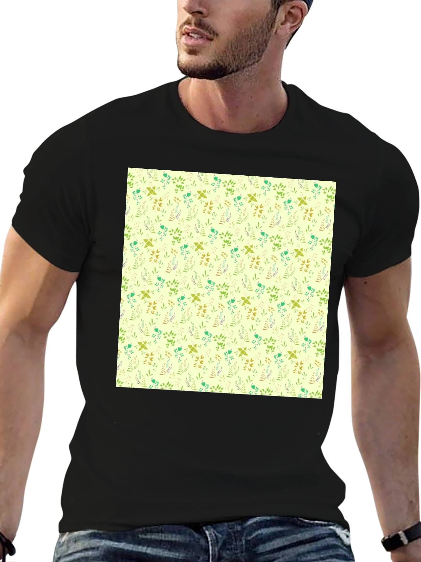 Floral Pattern Black Crew Neck T-Shirt