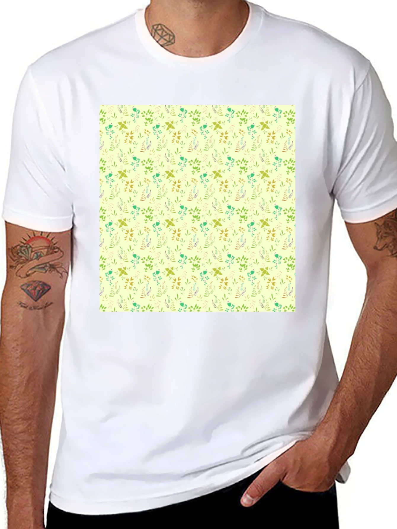 Floral Pattern Black Crew Neck T-Shirt