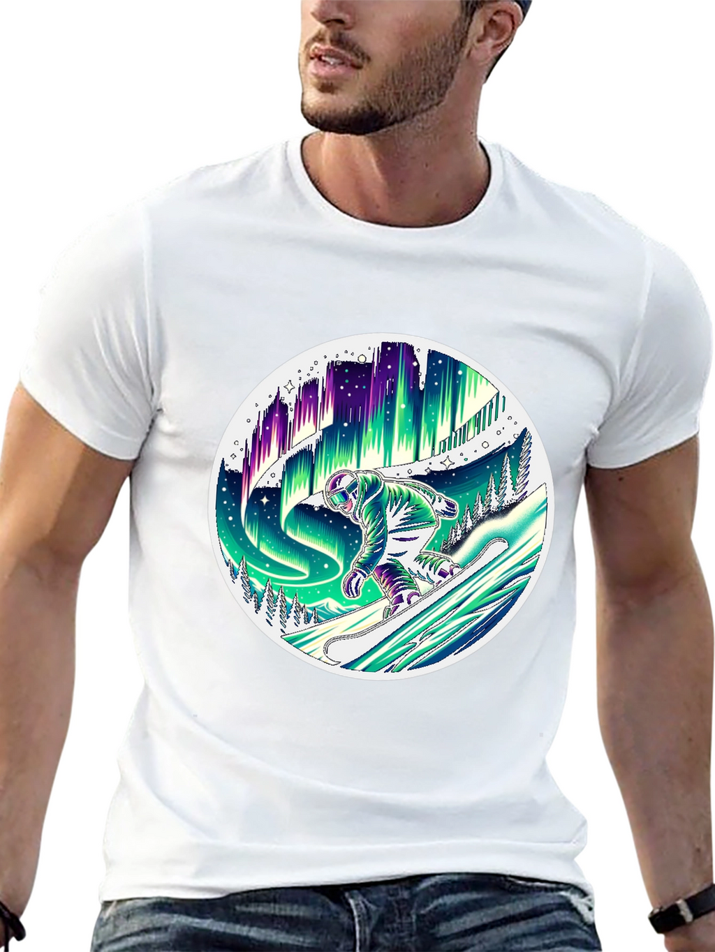 Aurora Snowboarder T-Shirt - Northern Lights Design