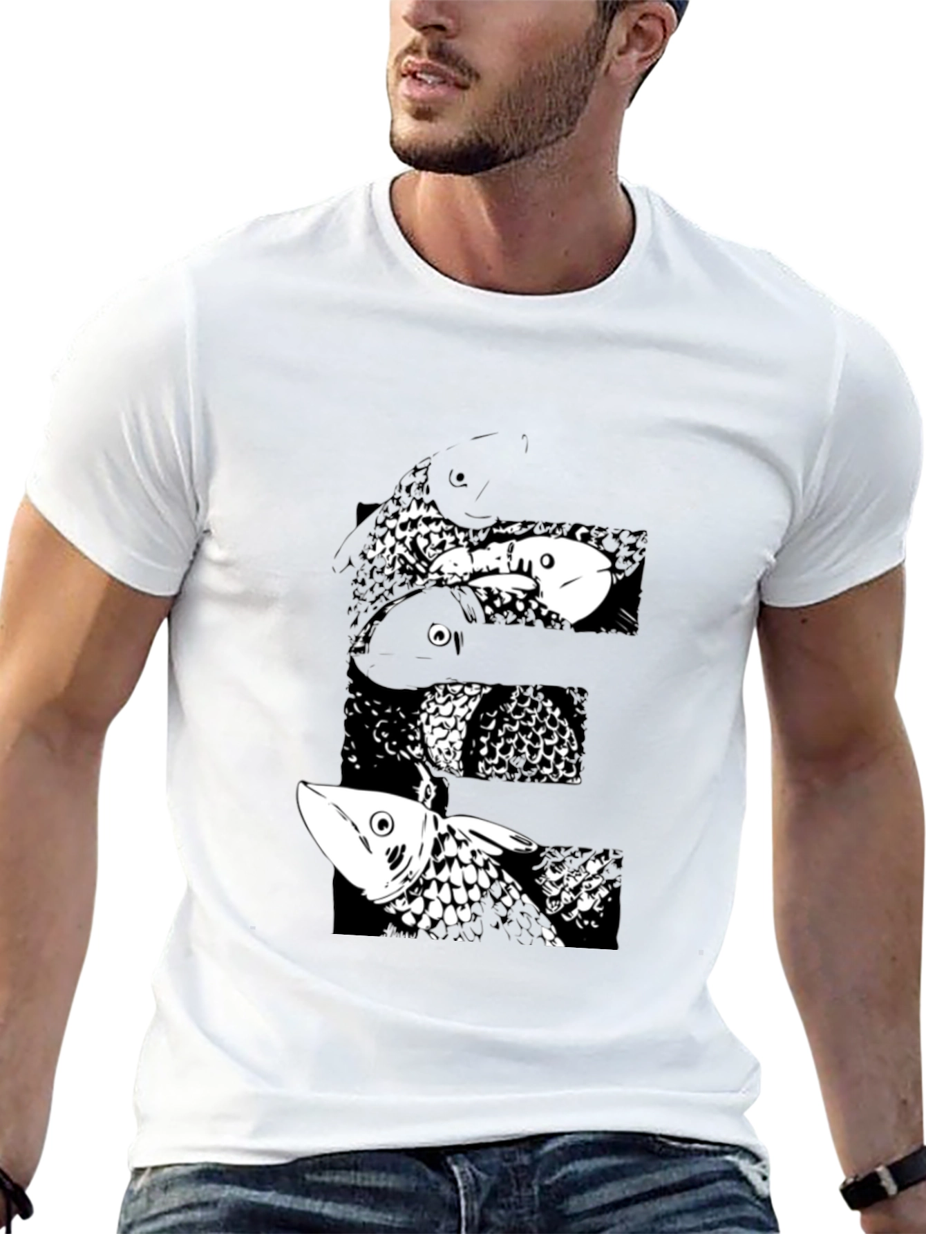 Black T-Shirt with Abstract Fish Design