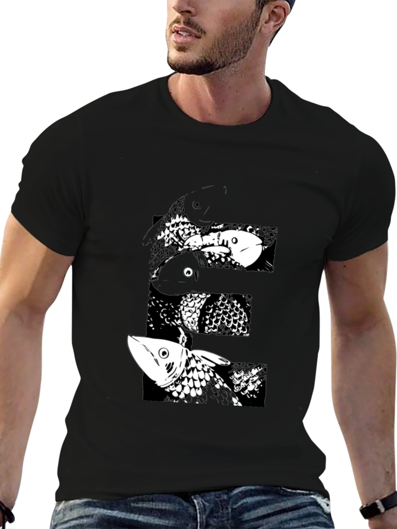 Black T-Shirt with Abstract Fish Design