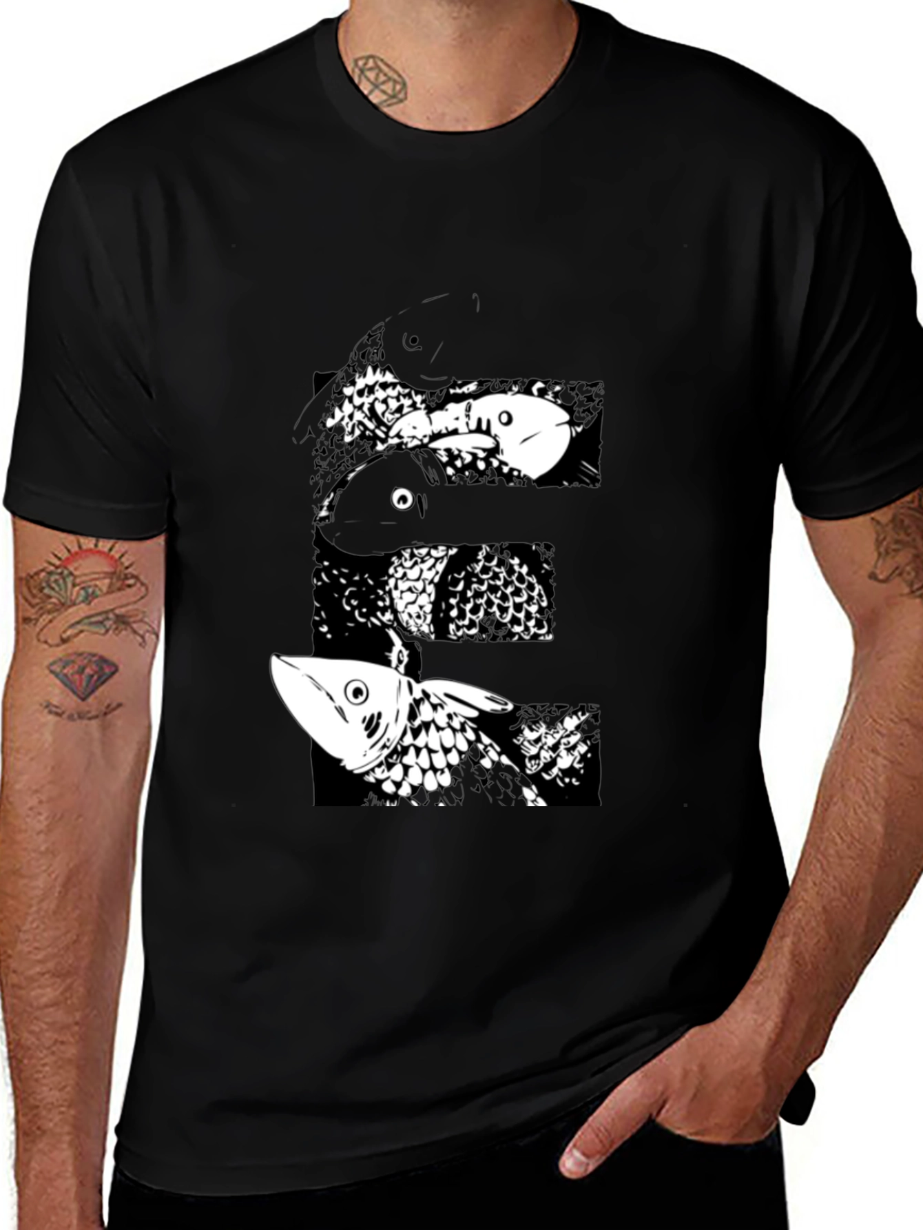 Black T-Shirt with Abstract Fish Design