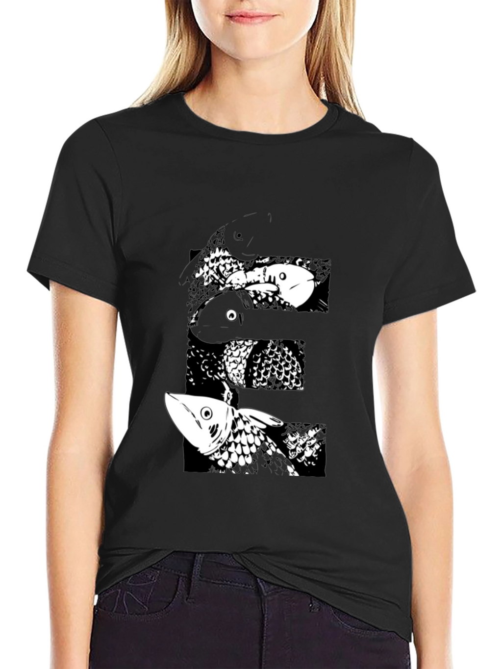 Black T-Shirt with Abstract Fish Design