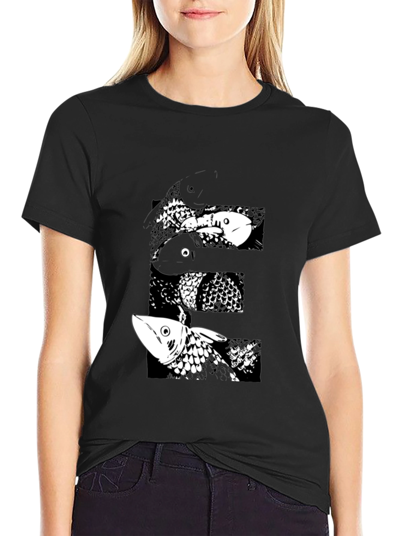 Black T-Shirt with Abstract Fish Design