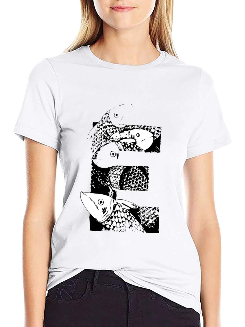 Black T-Shirt with Abstract Fish Design