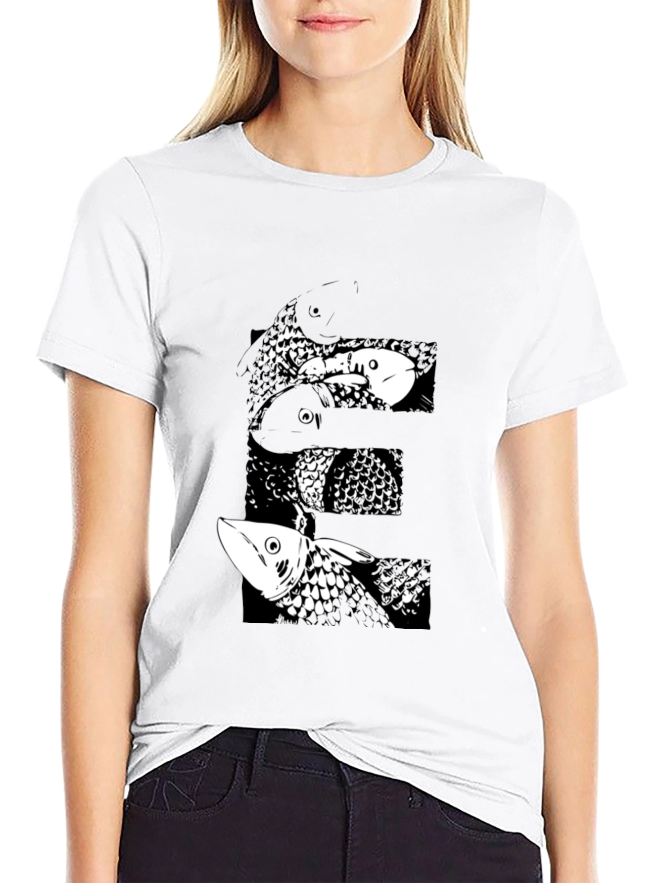Black T-Shirt with Abstract Fish Design