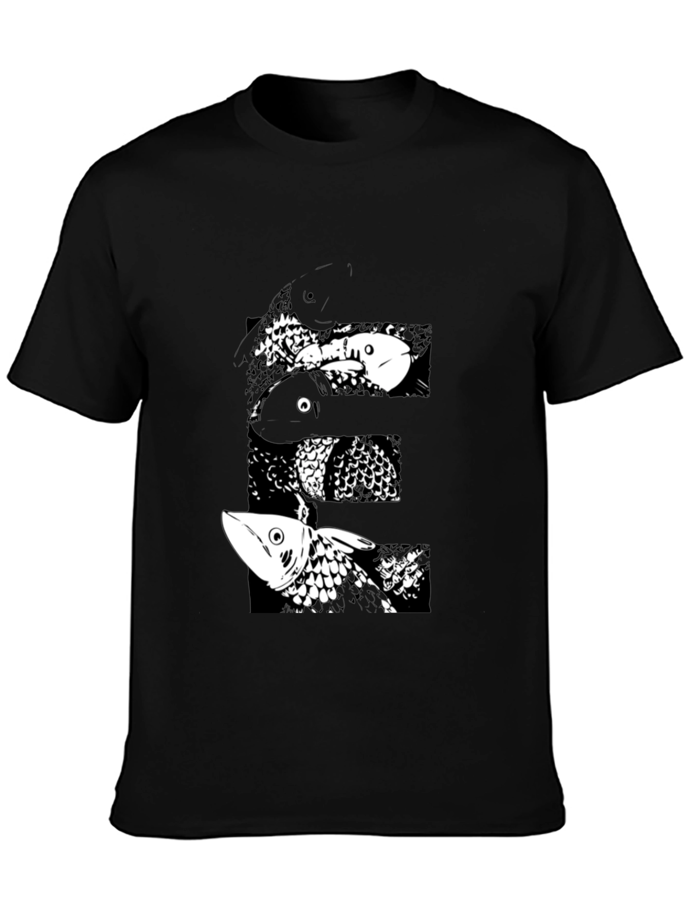 Black T-Shirt with Abstract Fish Design