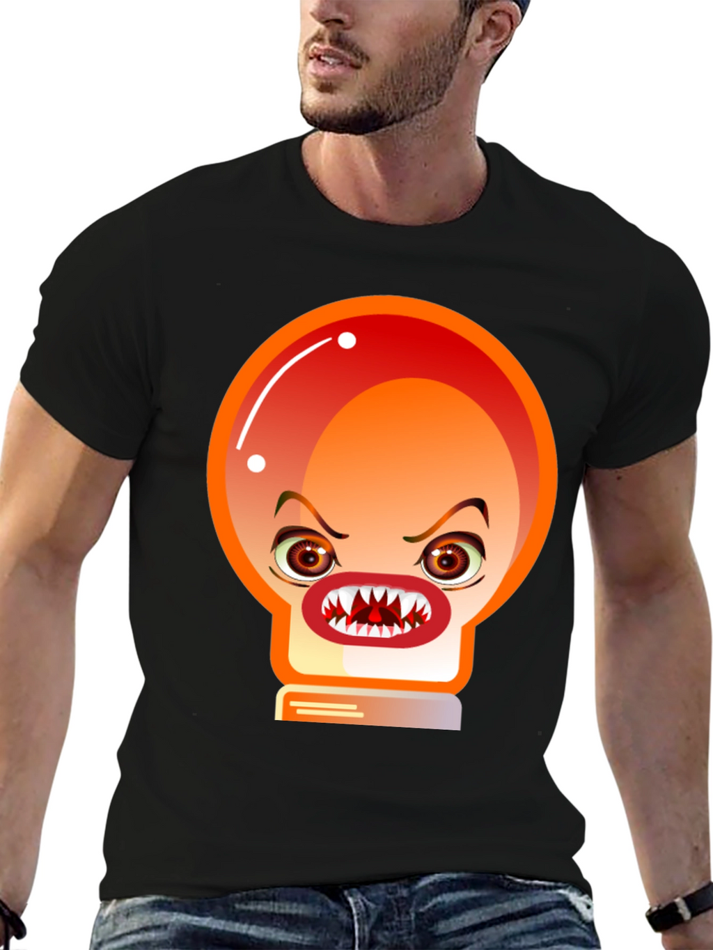 Mens Black T-Shirt with Angry Light Bulb Design