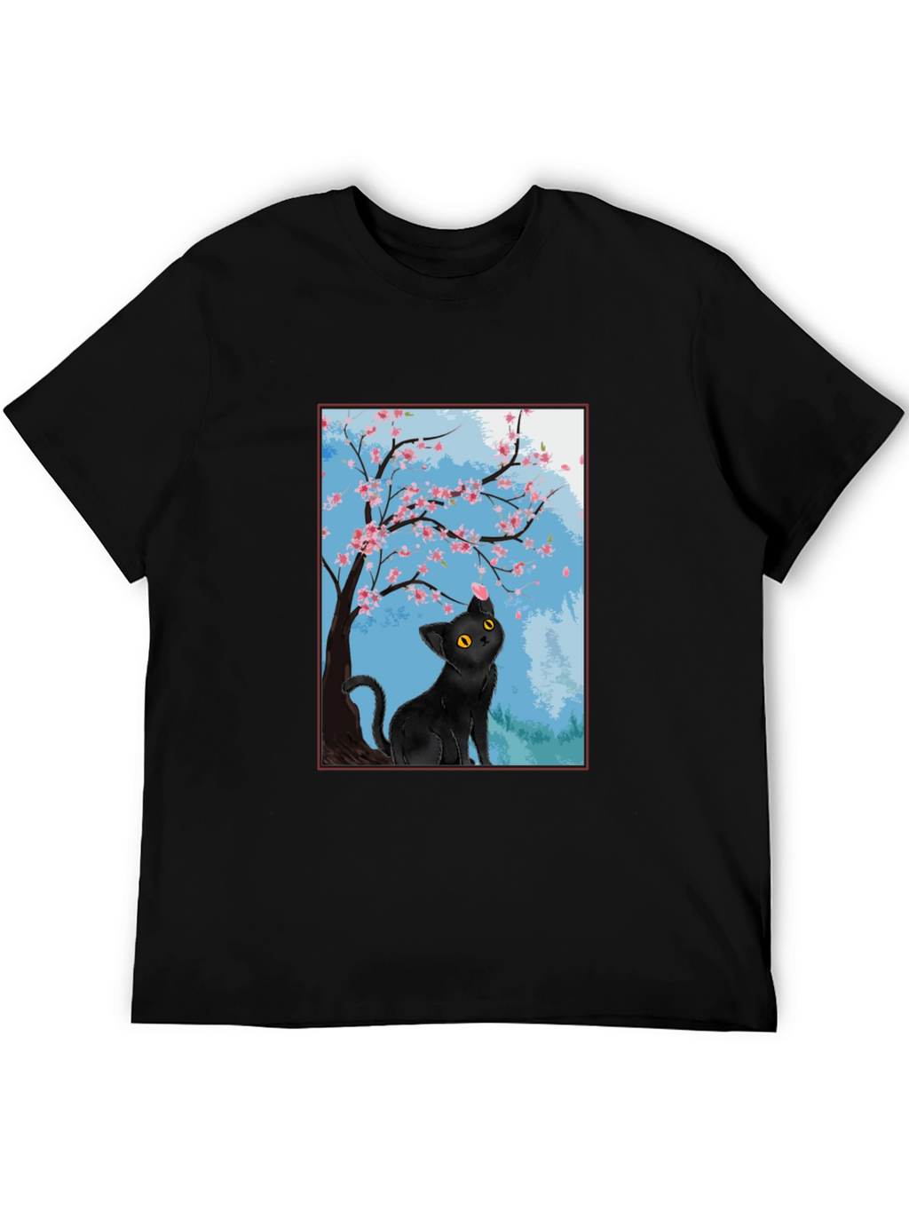 Black Cat Under Cherry Blossoms T-Shirt