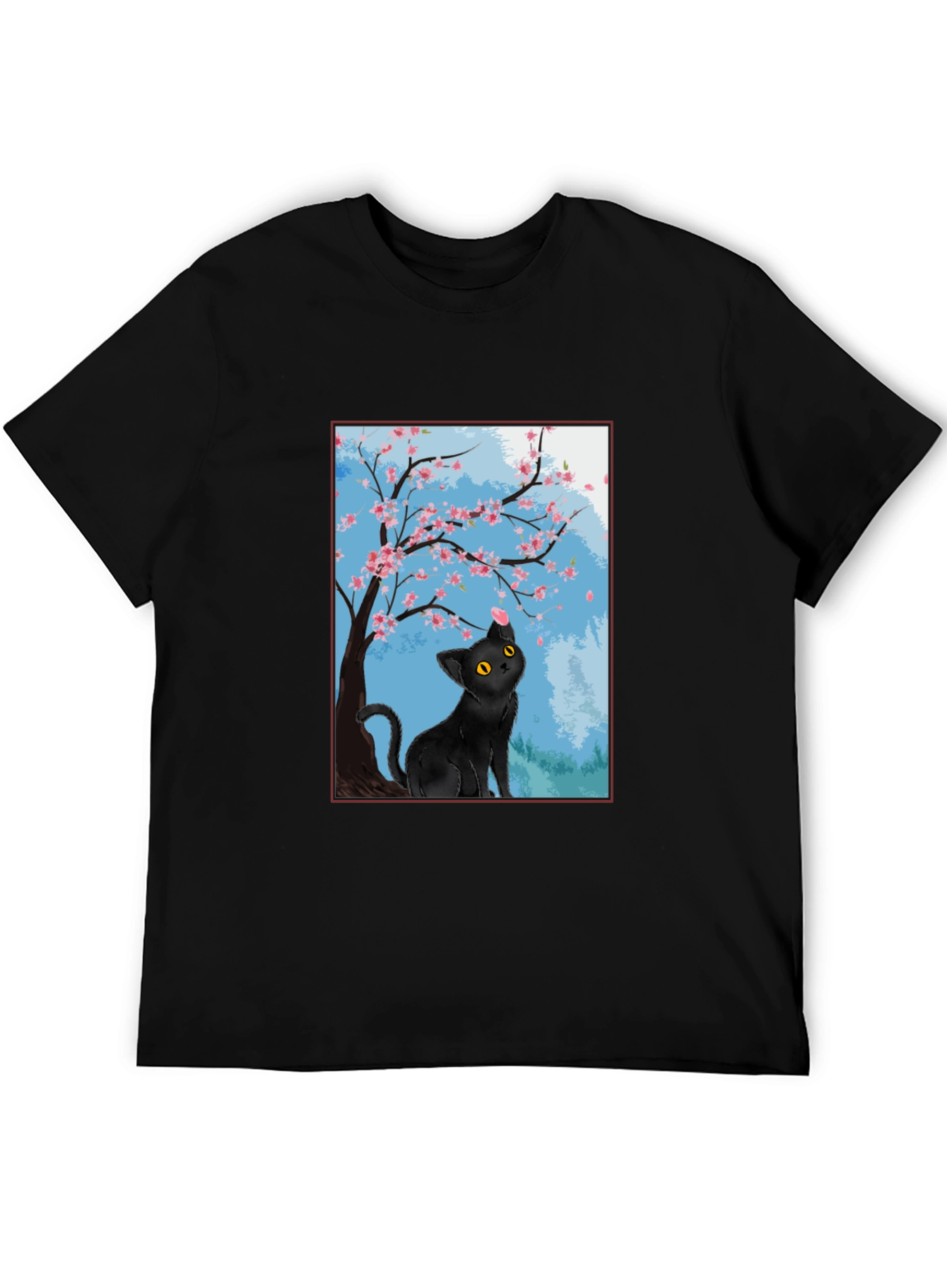 Black Cat Under Cherry Blossoms T-Shirt