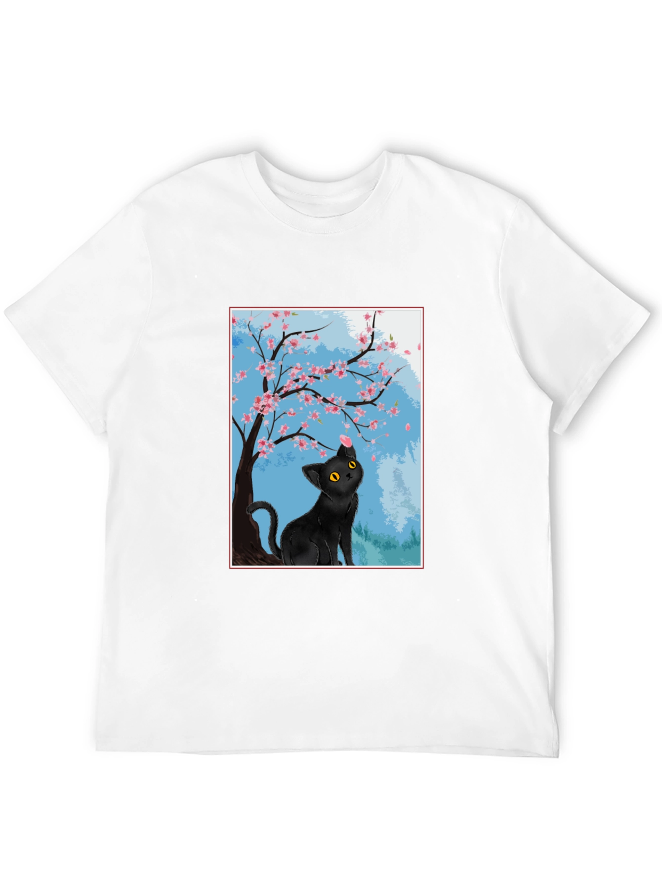 Black Cat Under Cherry Blossoms T-Shirt