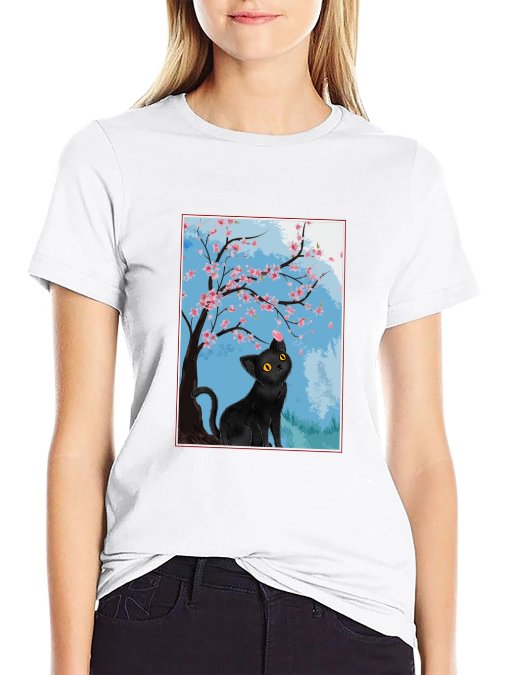 Black Cat Under Cherry Blossoms T-Shirt