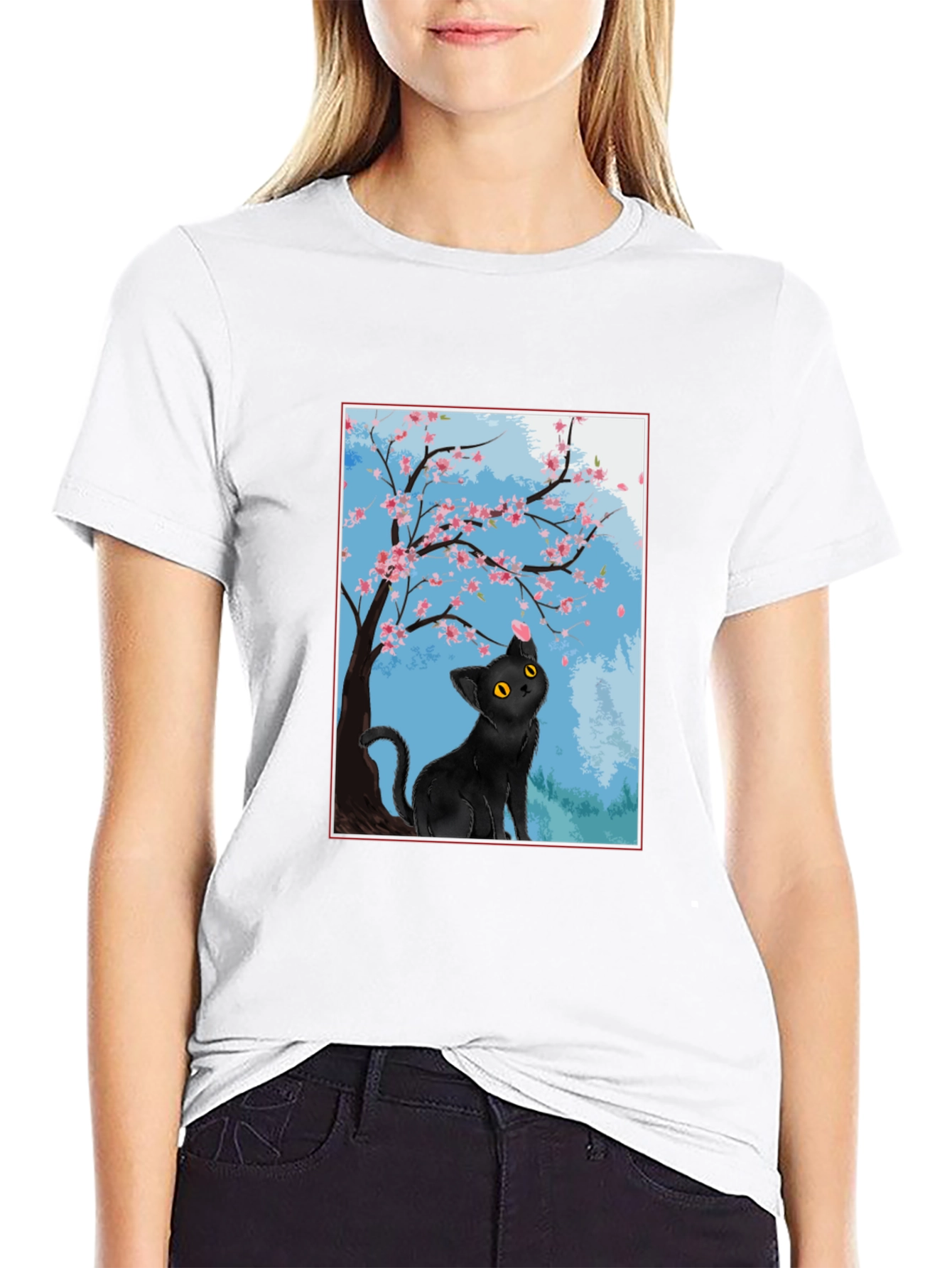 Black Cat Under Cherry Blossoms T-Shirt