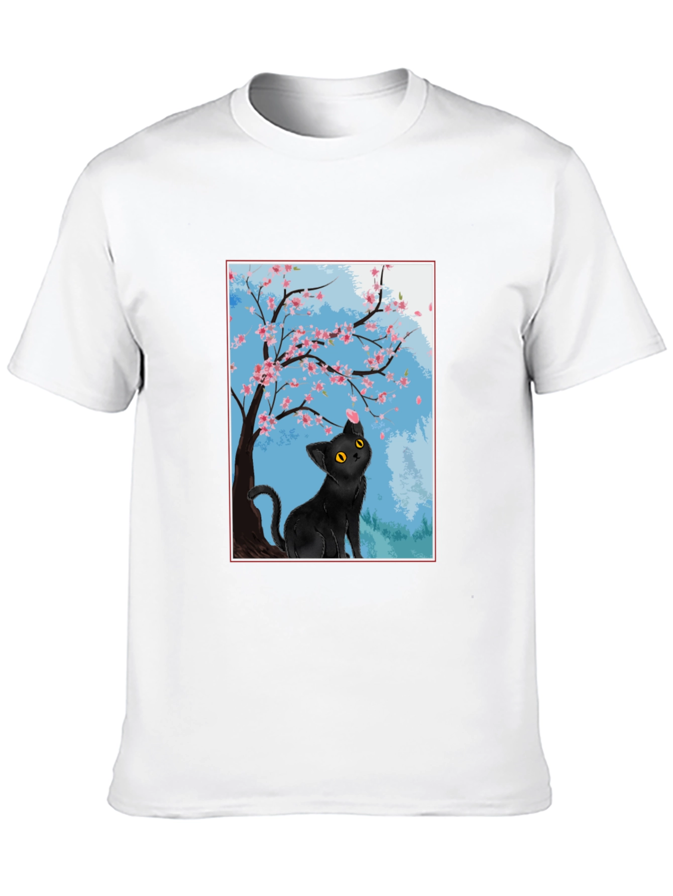Black Cat Under Cherry Blossoms T-Shirt