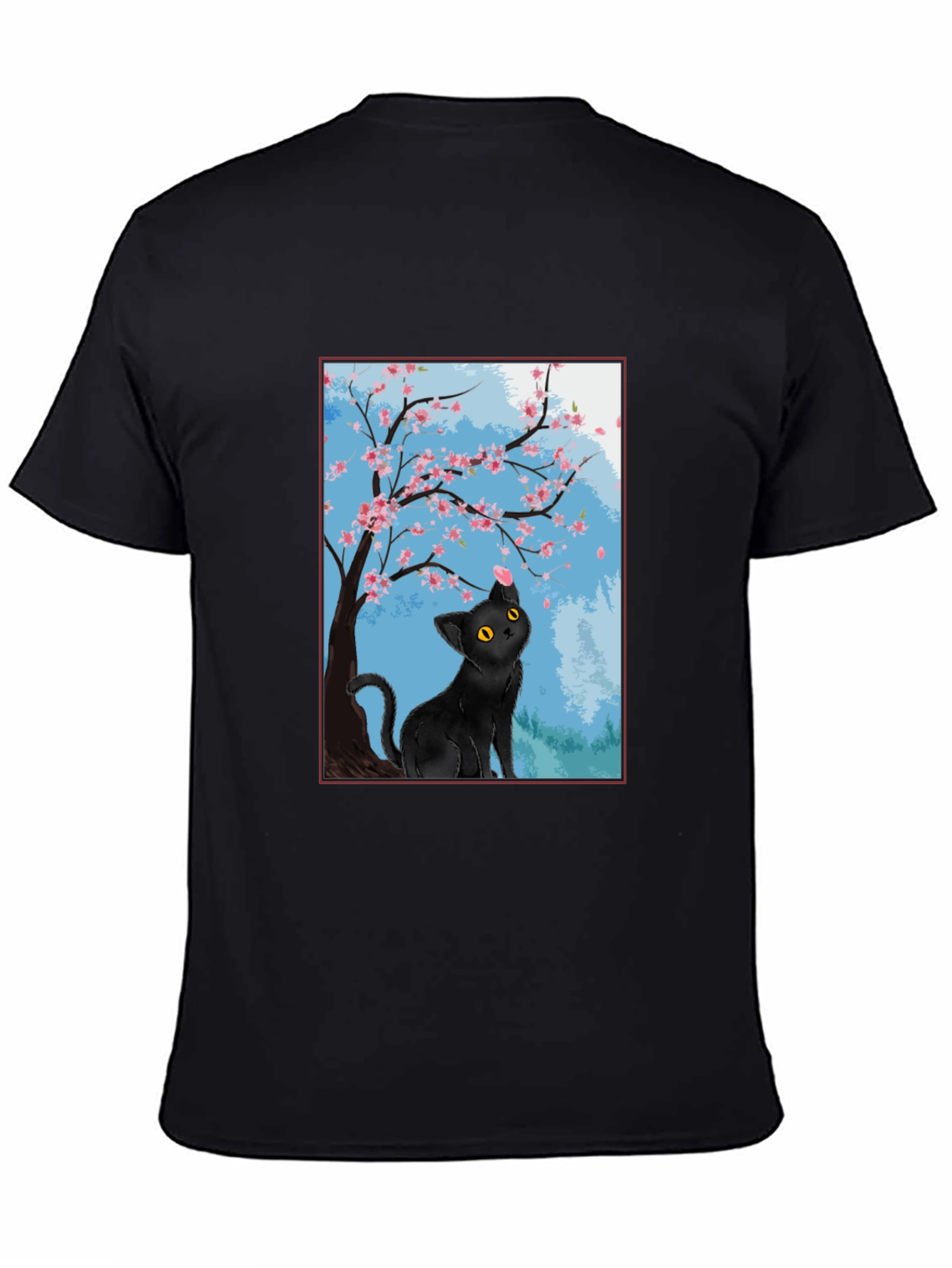 Black Cat Under Cherry Blossoms T-Shirt