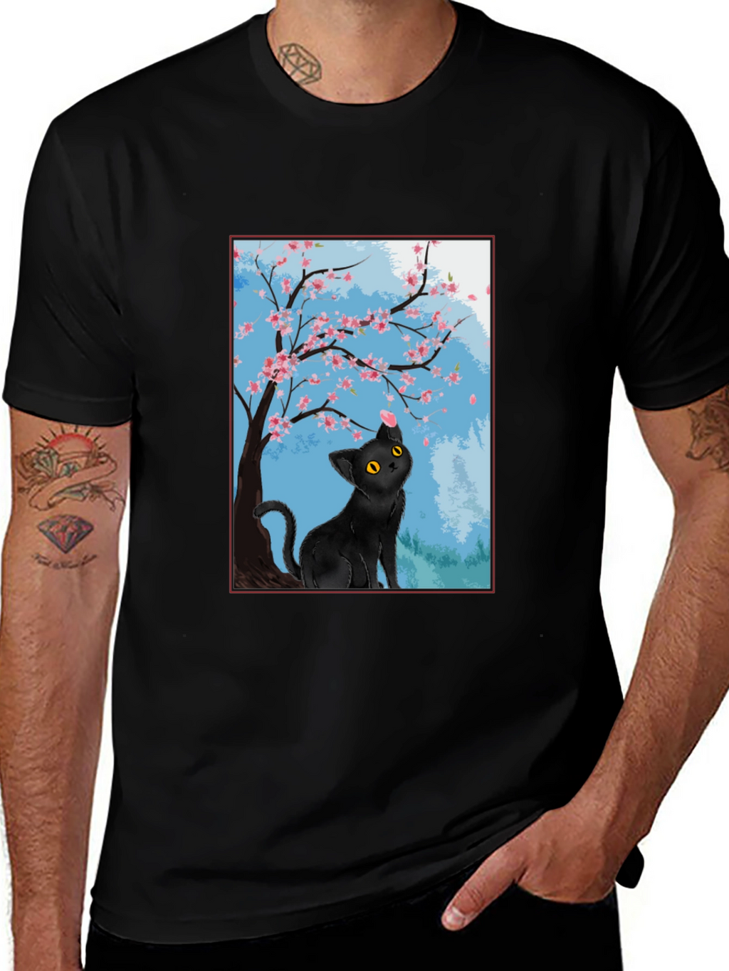 Black Cat Under Cherry Blossoms T-Shirt