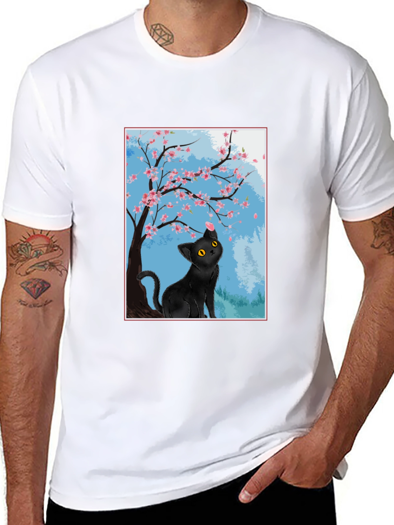 Black Cat Under Cherry Blossoms T-Shirt