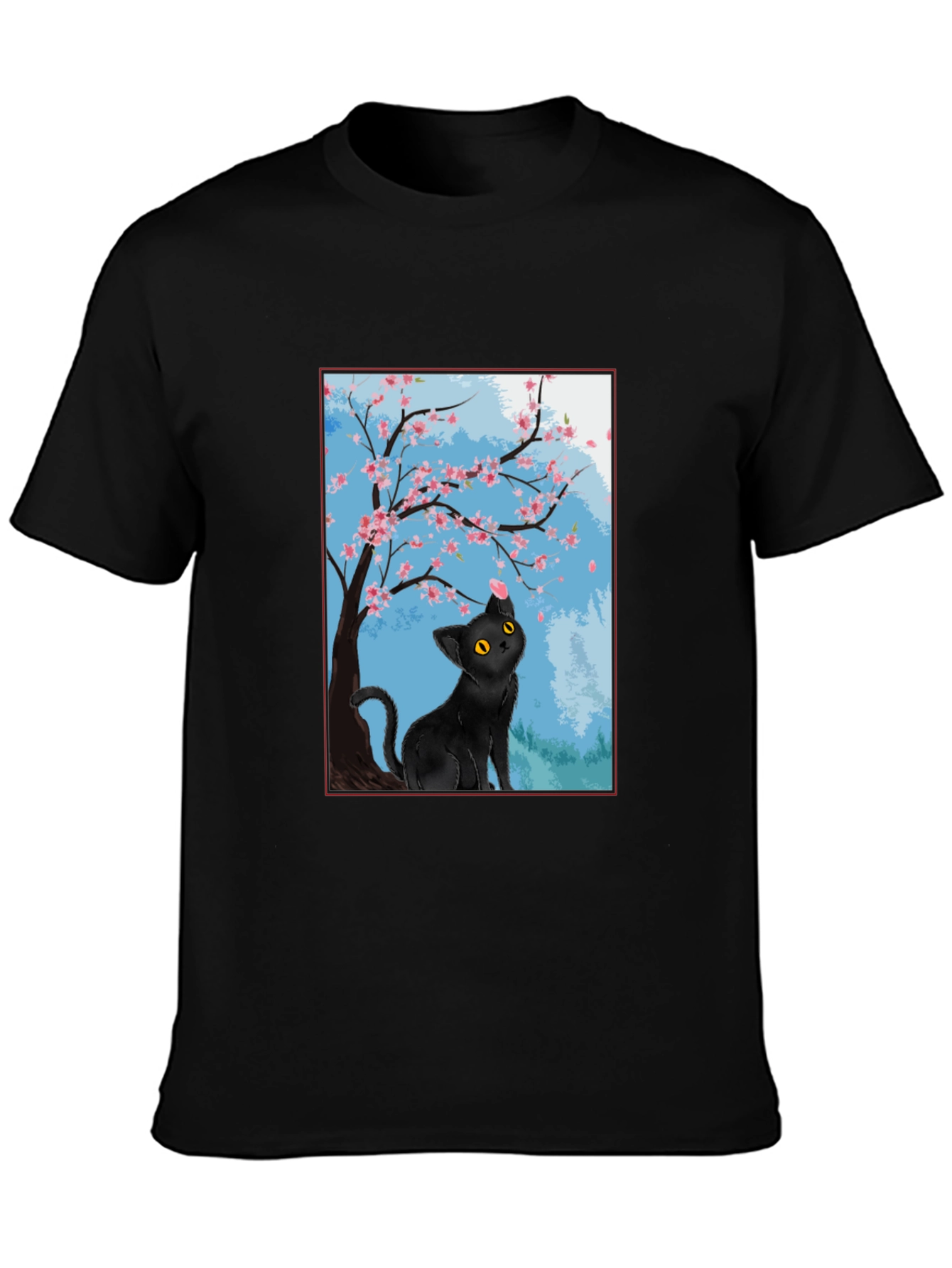 Black Cat Under Cherry Blossoms T-Shirt
