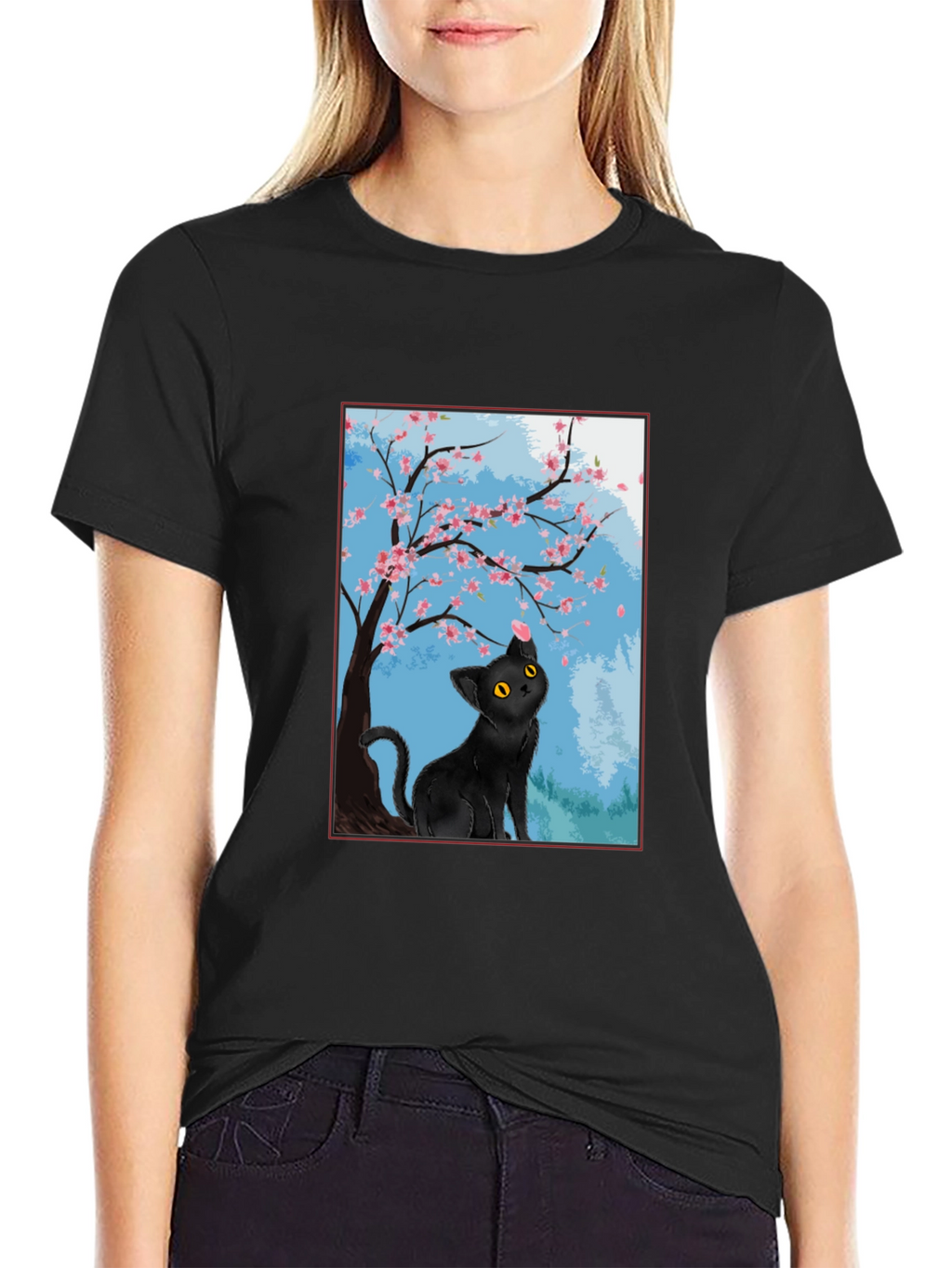 Black Cat Under Cherry Blossoms T-Shirt