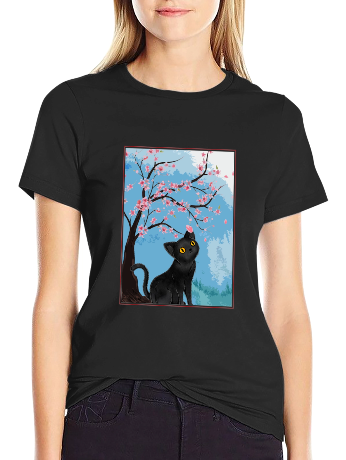 Black Cat Under Cherry Blossoms T-Shirt