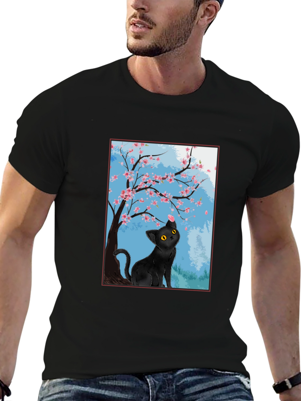 Black Cat Under Cherry Blossoms T-Shirt