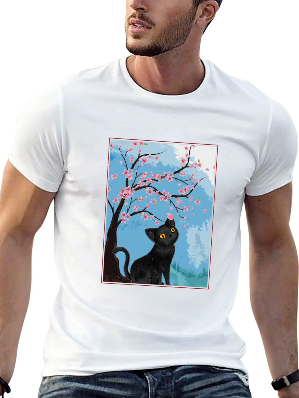 Black Cat Under Cherry Blossoms T-Shirt
