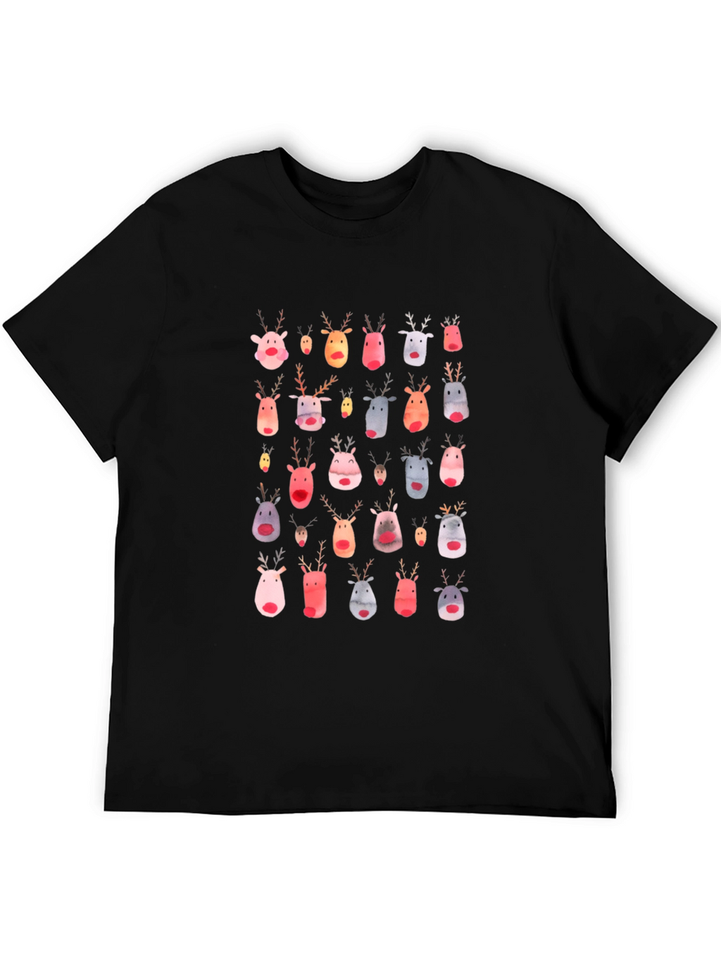 Festive Reindeer Pattern Black T-Shirt