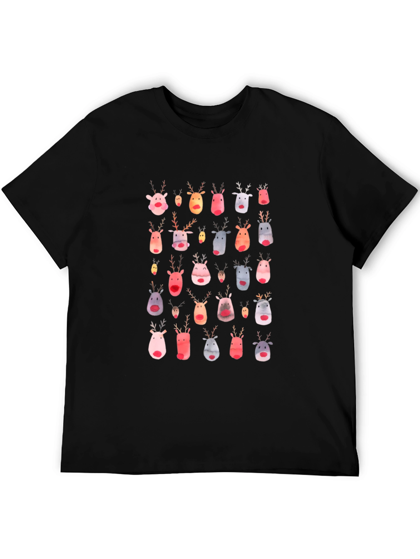 Festive Reindeer Pattern Black T-Shirt