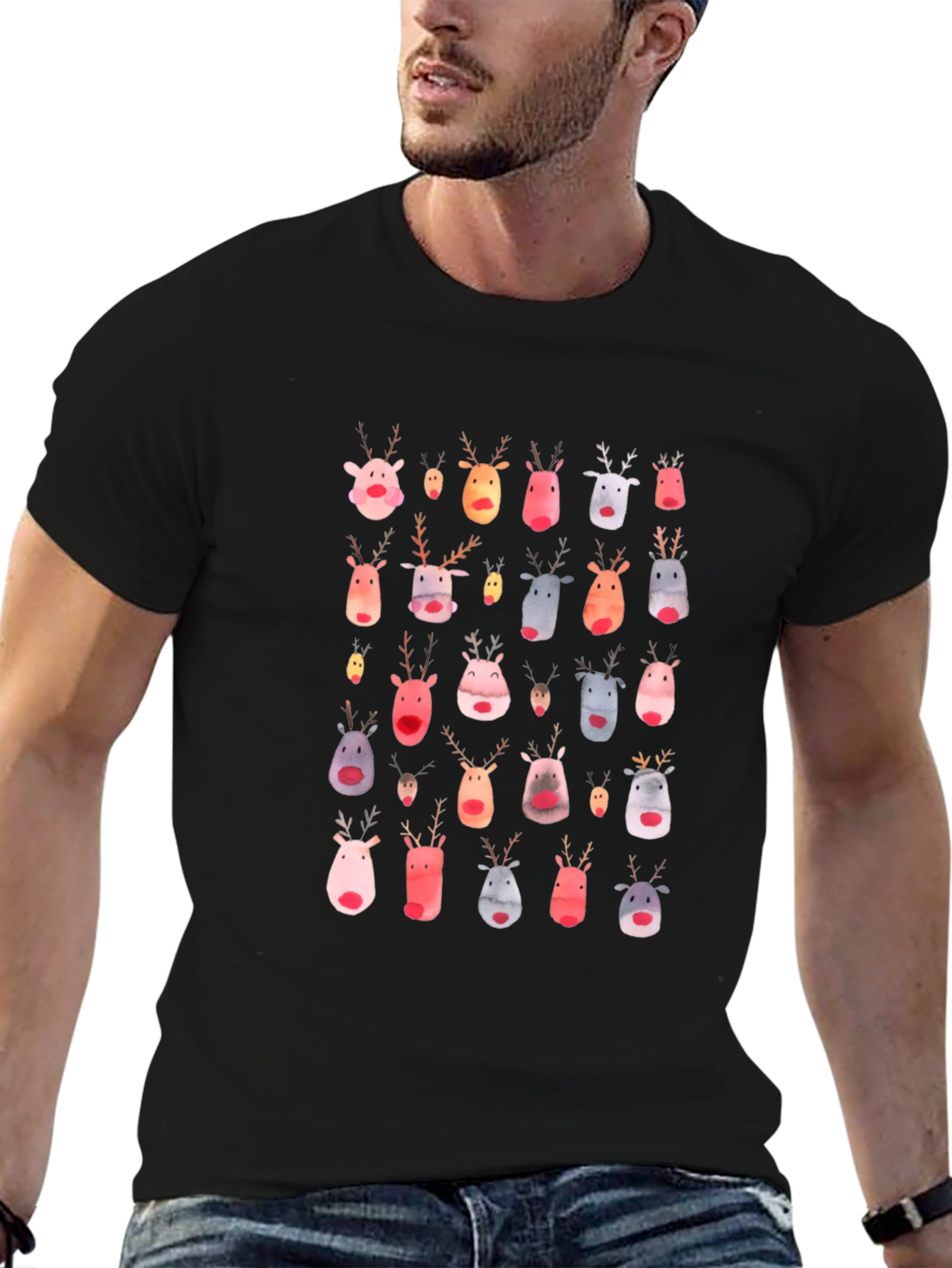 Festive Reindeer Pattern Black T-Shirt